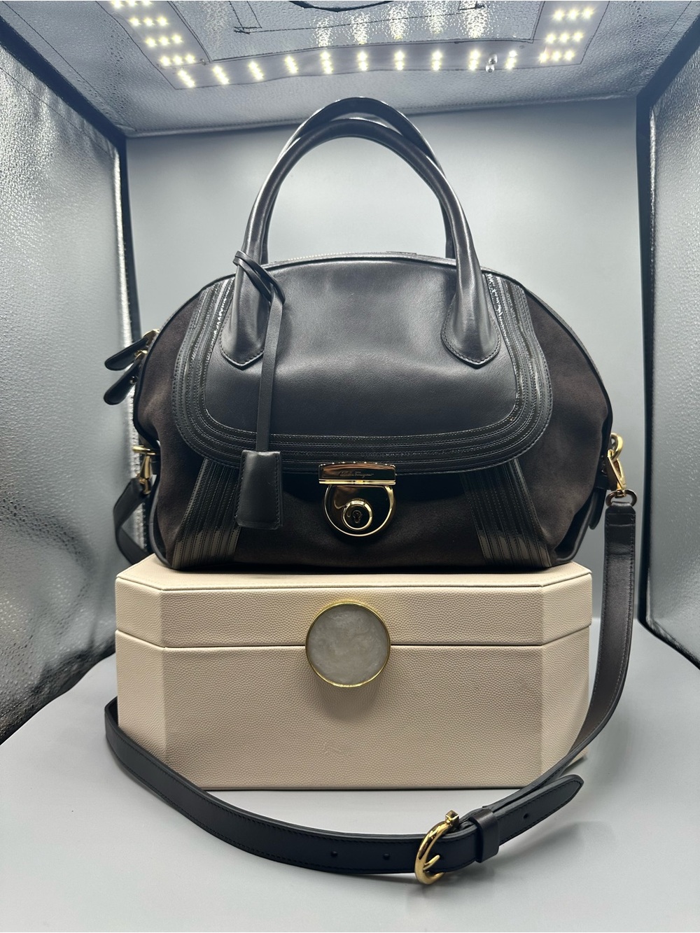 Salvatore Ferragamo Black Top-Handle Satchel with Gold Hardware